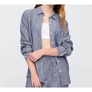 GAP Shirt Women's Small Blue Chambray Linen Blend Easy Shirt Button Down